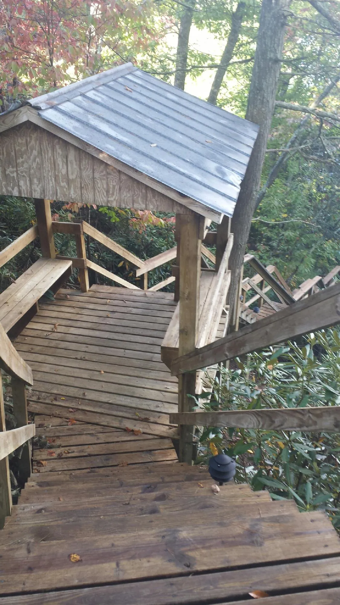 Metal roofed shelter over wooden steps on a wooded walkway — Skylight Repair & Installation work by our crew in Tully
